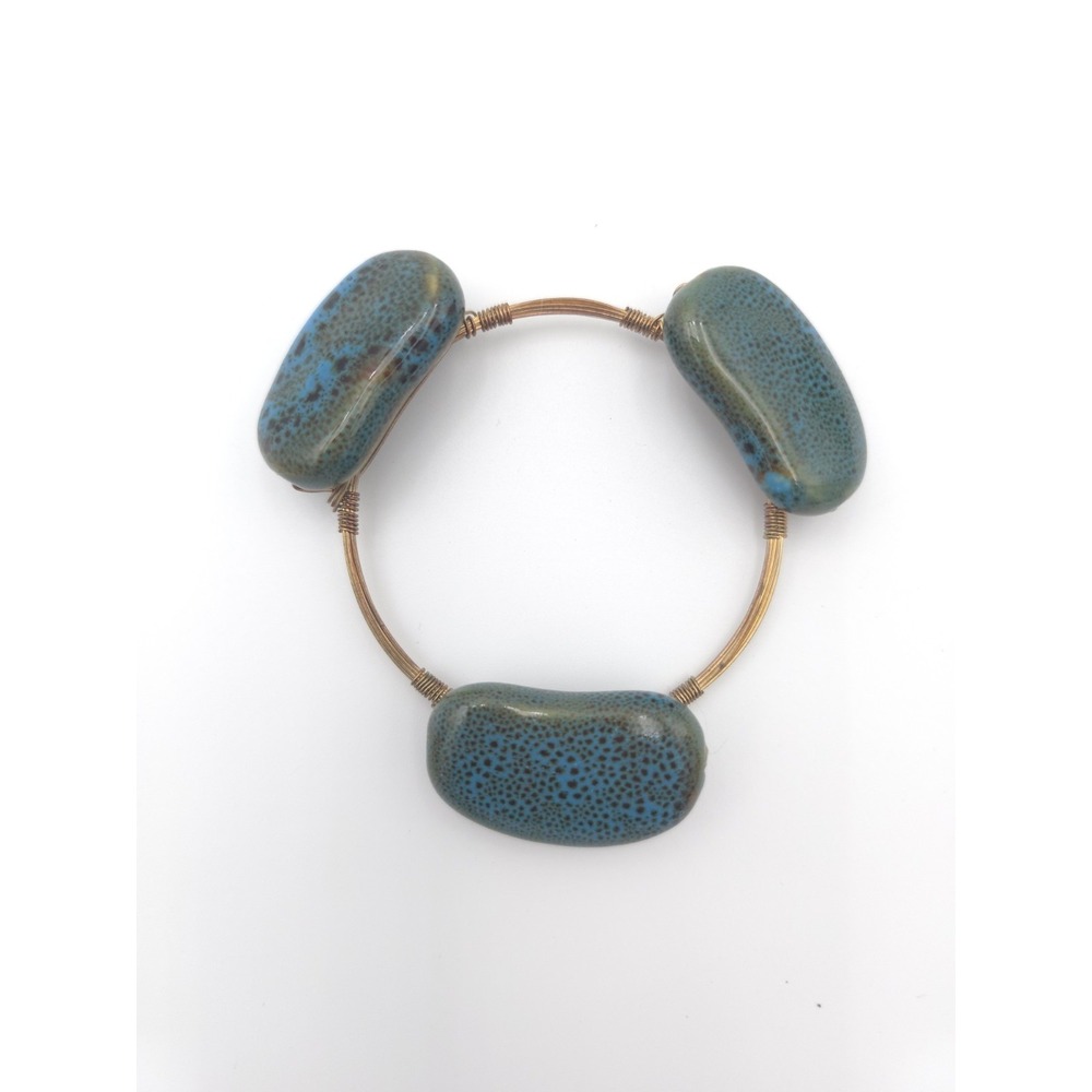 Wire Wrapped Bangle Blue Speckled Glazed Ceramic Beads Gold Tone Wire Bracelet